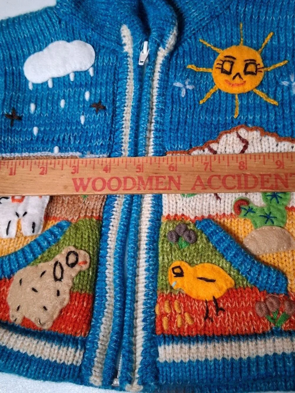 Hand Knit Peruvian Cardigan Sweater Kids Blue Mountain Sheep Sun Snail Zip - Picture 3 of 16